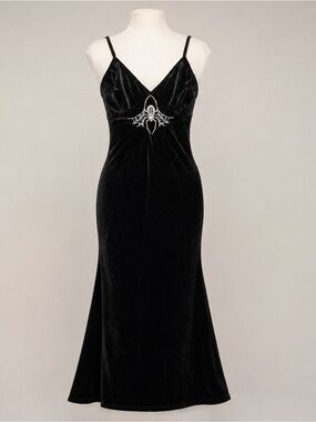 Gothic Black Velvet Spiderweb Maxi Dress Fits Large